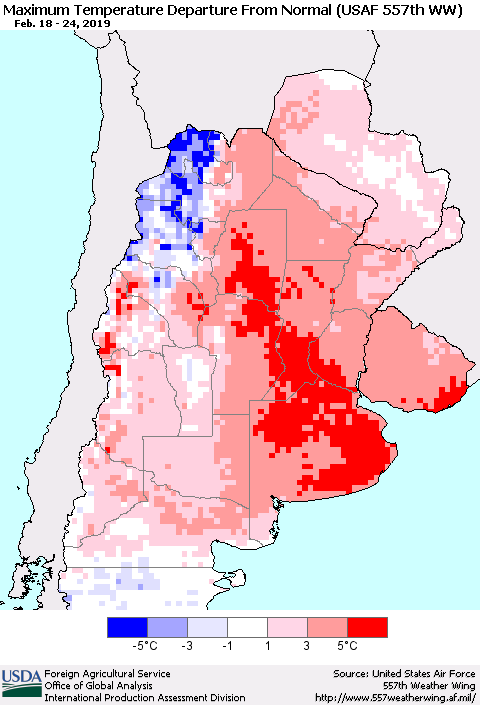 Southern South America Mean Maximum Temperature Departure from Normal (USAF 557th WW) Thematic Map For 2/18/2019 - 2/24/2019