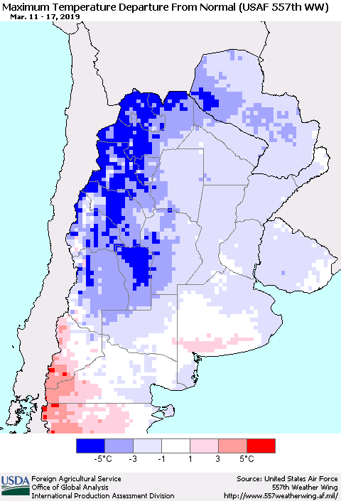 Southern South America Mean Maximum Temperature Departure from Normal (USAF 557th WW) Thematic Map For 3/11/2019 - 3/17/2019