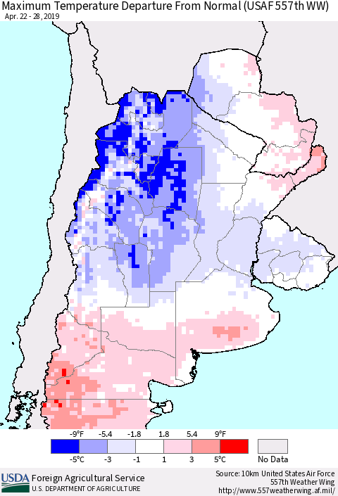 Southern South America Mean Maximum Temperature Departure from Normal (USAF 557th WW) Thematic Map For 4/22/2019 - 4/28/2019