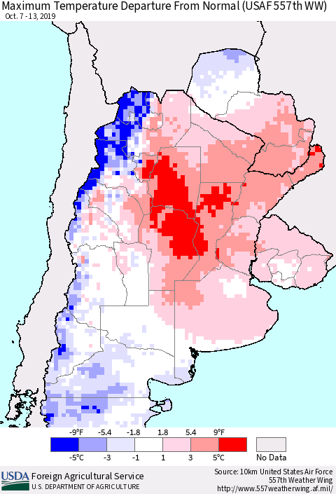 Southern South America Mean Maximum Temperature Departure from Normal (USAF 557th WW) Thematic Map For 10/7/2019 - 10/13/2019