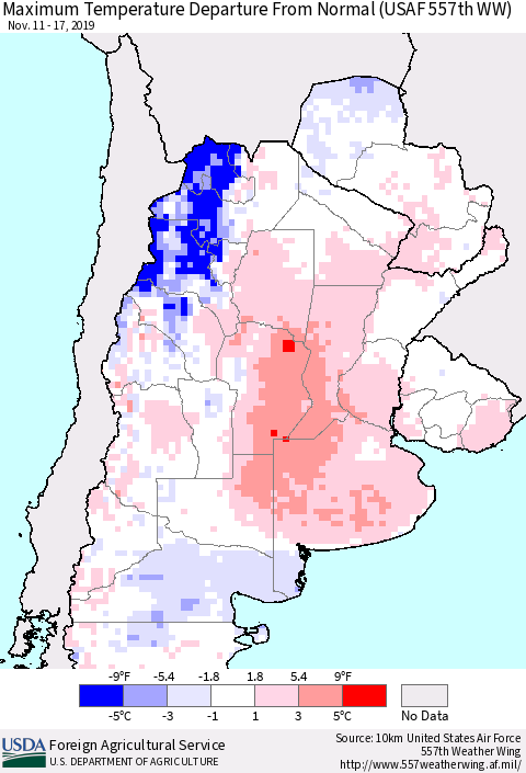Southern South America Mean Maximum Temperature Departure from Normal (USAF 557th WW) Thematic Map For 11/11/2019 - 11/17/2019