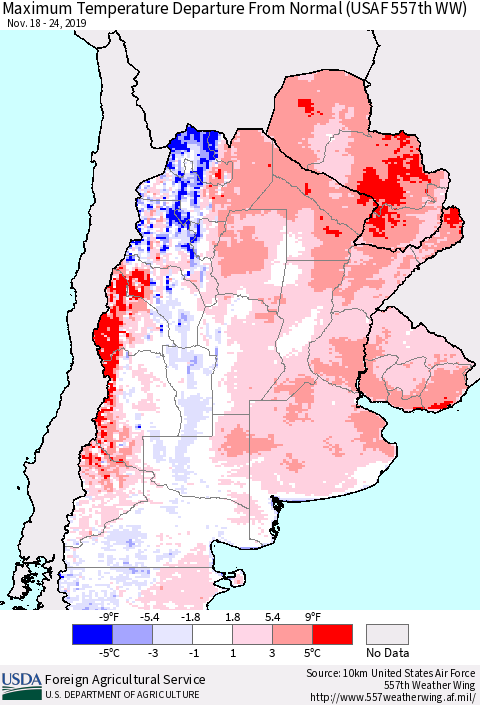 Southern South America Mean Maximum Temperature Departure from Normal (USAF 557th WW) Thematic Map For 11/18/2019 - 11/24/2019
