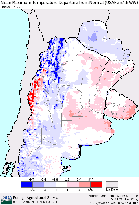 Southern South America Mean Maximum Temperature Departure from Normal (USAF 557th WW) Thematic Map For 12/9/2019 - 12/15/2019