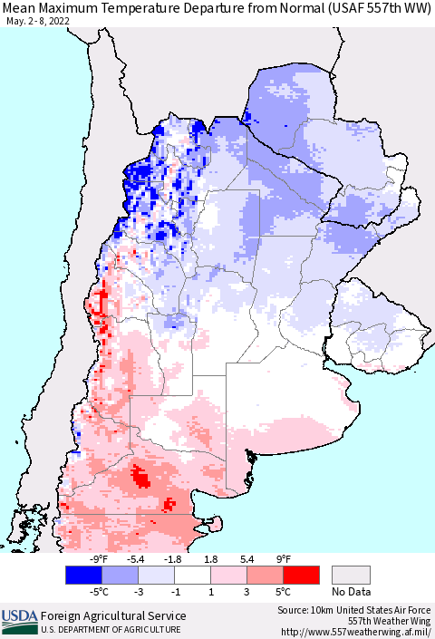 Southern South America Mean Maximum Temperature Departure from Normal (USAF 557th WW) Thematic Map For 5/2/2022 - 5/8/2022