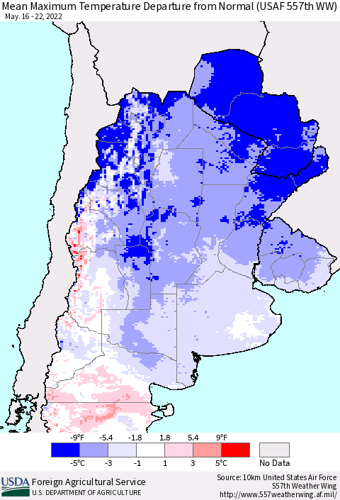 Southern South America Mean Maximum Temperature Departure from Normal (USAF 557th WW) Thematic Map For 5/16/2022 - 5/22/2022