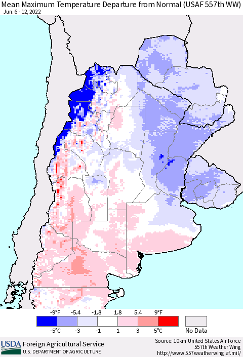 Southern South America Mean Maximum Temperature Departure from Normal (USAF 557th WW) Thematic Map For 6/6/2022 - 6/12/2022
