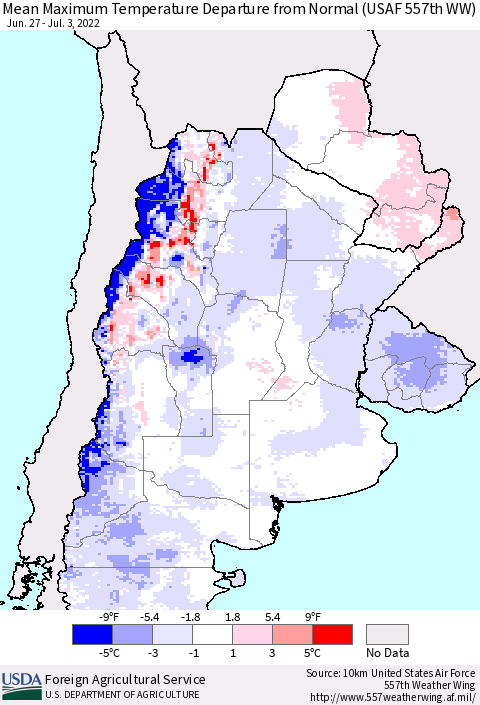 Southern South America Mean Maximum Temperature Departure from Normal (USAF 557th WW) Thematic Map For 6/27/2022 - 7/3/2022