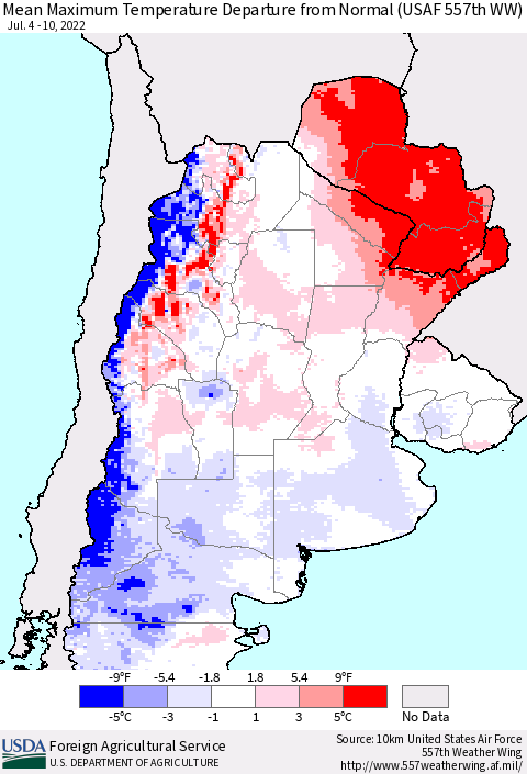 Southern South America Mean Maximum Temperature Departure from Normal (USAF 557th WW) Thematic Map For 7/4/2022 - 7/10/2022
