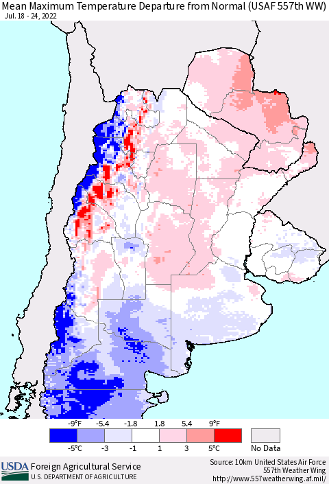 Southern South America Mean Maximum Temperature Departure from Normal (USAF 557th WW) Thematic Map For 7/18/2022 - 7/24/2022