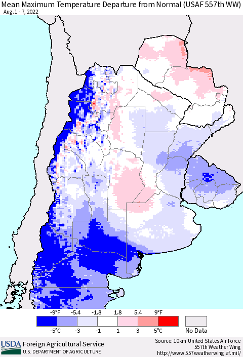 Southern South America Mean Maximum Temperature Departure from Normal (USAF 557th WW) Thematic Map For 8/1/2022 - 8/7/2022