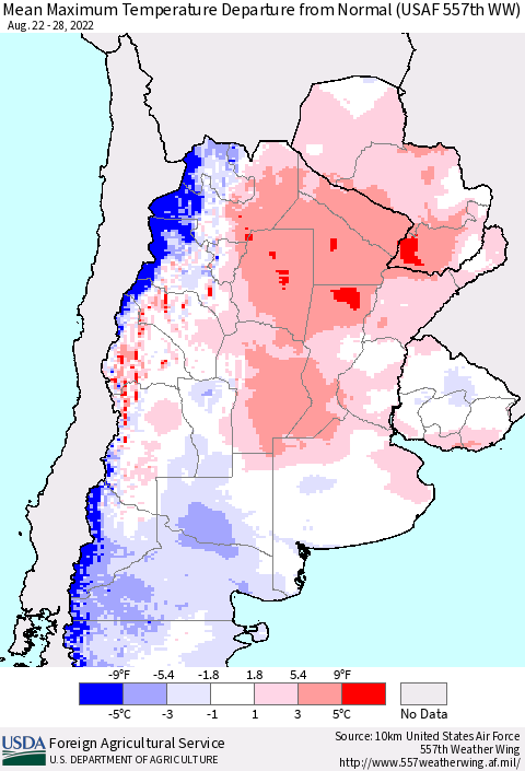 Southern South America Mean Maximum Temperature Departure from Normal (USAF 557th WW) Thematic Map For 8/22/2022 - 8/28/2022
