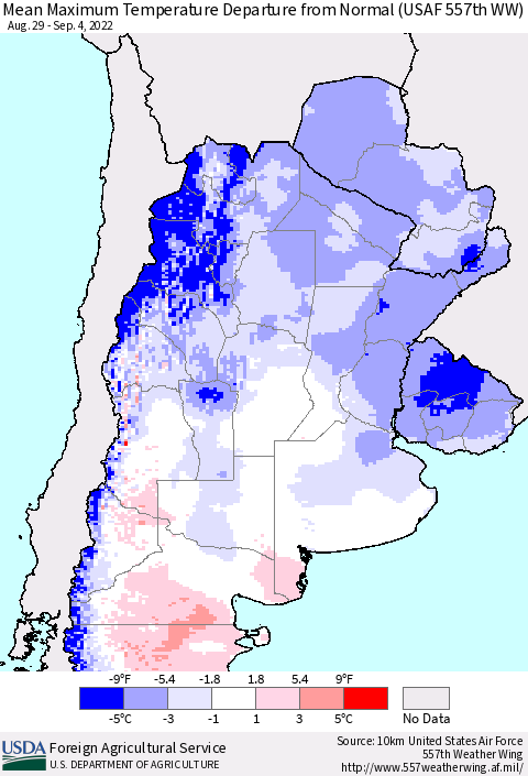 Southern South America Mean Maximum Temperature Departure from Normal (USAF 557th WW) Thematic Map For 8/29/2022 - 9/4/2022