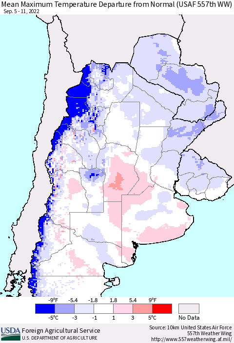 Southern South America Mean Maximum Temperature Departure from Normal (USAF 557th WW) Thematic Map For 9/5/2022 - 9/11/2022