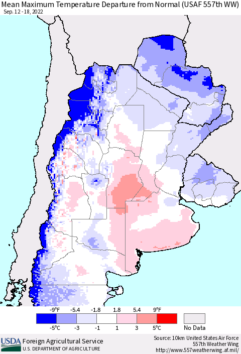 Southern South America Mean Maximum Temperature Departure from Normal (USAF 557th WW) Thematic Map For 9/12/2022 - 9/18/2022