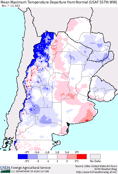 Southern South America Mean Maximum Temperature Departure from Normal (USAF 557th WW) Thematic Map For 11/7/2022 - 11/13/2022