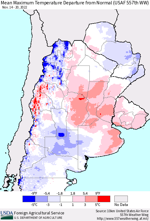 Southern South America Mean Maximum Temperature Departure from Normal (USAF 557th WW) Thematic Map For 11/14/2022 - 11/20/2022