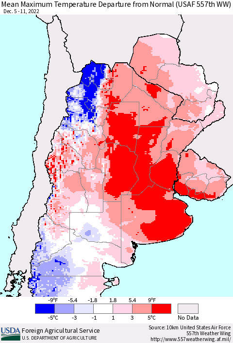 Southern South America Mean Maximum Temperature Departure from Normal (USAF 557th WW) Thematic Map For 12/5/2022 - 12/11/2022