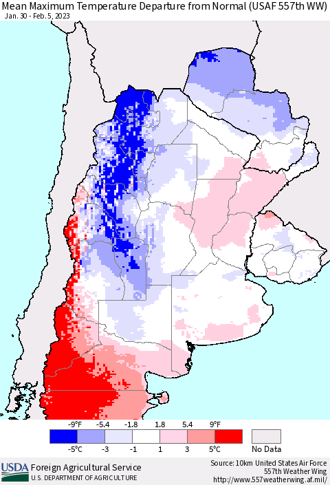 Southern South America Mean Maximum Temperature Departure from Normal (USAF 557th WW) Thematic Map For 1/30/2023 - 2/5/2023