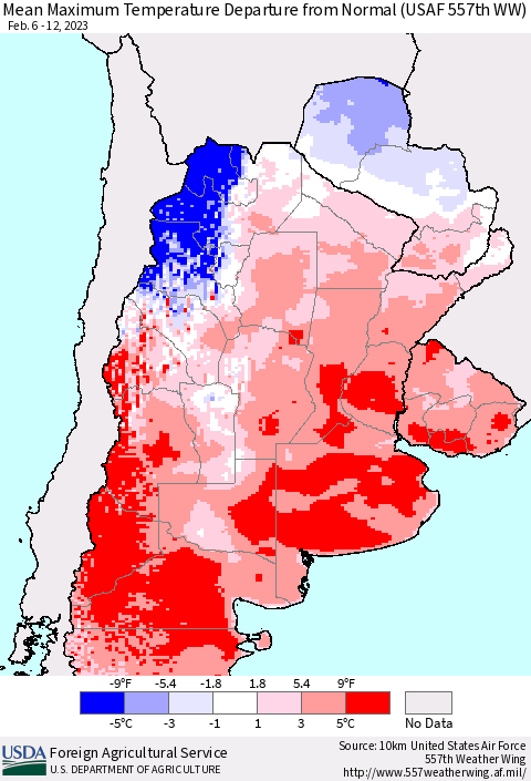 Southern South America Mean Maximum Temperature Departure from Normal (USAF 557th WW) Thematic Map For 2/6/2023 - 2/12/2023