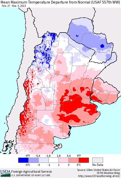 Southern South America Mean Maximum Temperature Departure from Normal (USAF 557th WW) Thematic Map For 2/27/2023 - 3/5/2023