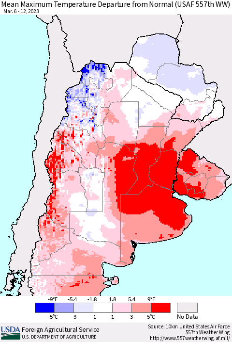 Southern South America Mean Maximum Temperature Departure from Normal (USAF 557th WW) Thematic Map For 3/6/2023 - 3/12/2023