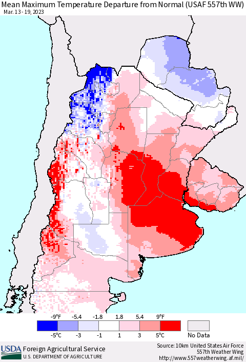 Southern South America Mean Maximum Temperature Departure from Normal (USAF 557th WW) Thematic Map For 3/13/2023 - 3/19/2023