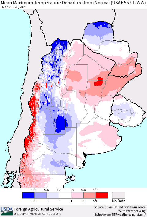 Southern South America Mean Maximum Temperature Departure from Normal (USAF 557th WW) Thematic Map For 3/20/2023 - 3/26/2023