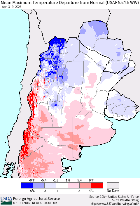 Southern South America Mean Maximum Temperature Departure from Normal (USAF 557th WW) Thematic Map For 4/3/2023 - 4/9/2023