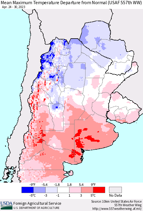 Southern South America Mean Maximum Temperature Departure from Normal (USAF 557th WW) Thematic Map For 4/24/2023 - 4/30/2023