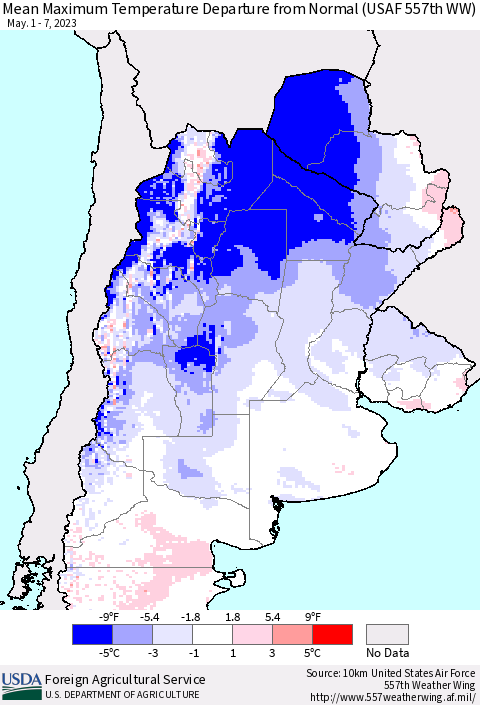 Southern South America Mean Maximum Temperature Departure from Normal (USAF 557th WW) Thematic Map For 5/1/2023 - 5/7/2023