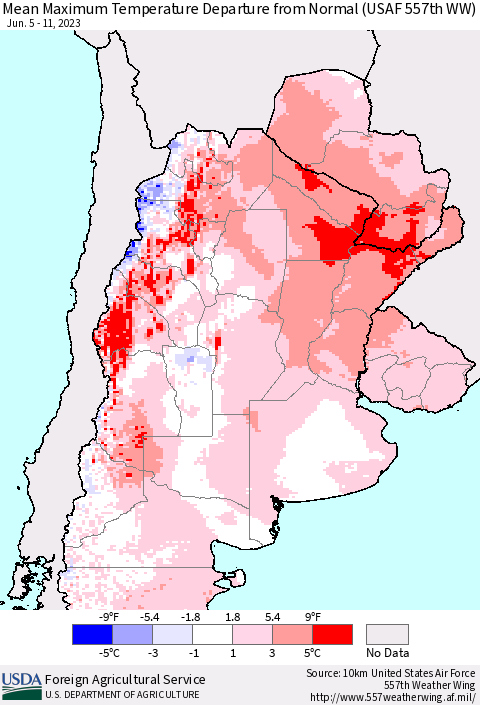 Southern South America Mean Maximum Temperature Departure from Normal (USAF 557th WW) Thematic Map For 6/5/2023 - 6/11/2023