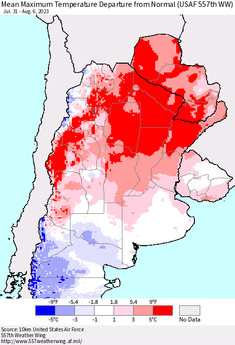 Southern South America Mean Maximum Temperature Departure from Normal (USAF 557th WW) Thematic Map For 7/31/2023 - 8/6/2023