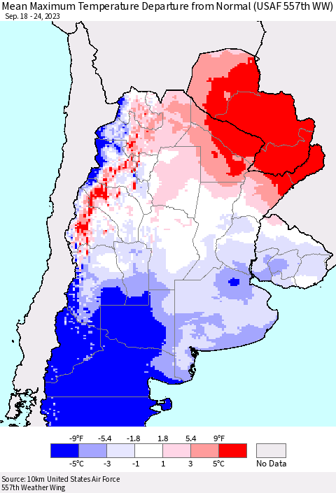 Southern South America Mean Maximum Temperature Departure from Normal (USAF 557th WW) Thematic Map For 9/18/2023 - 9/24/2023