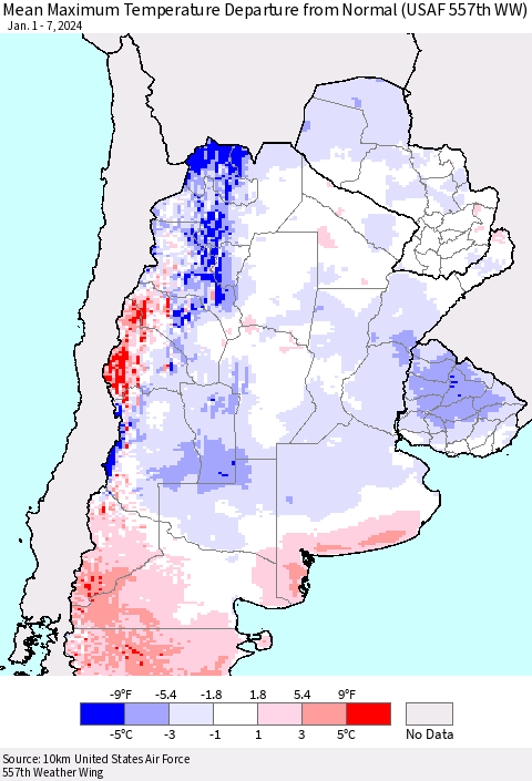 Southern South America Mean Maximum Temperature Departure from Normal (USAF 557th WW) Thematic Map For 1/1/2024 - 1/7/2024