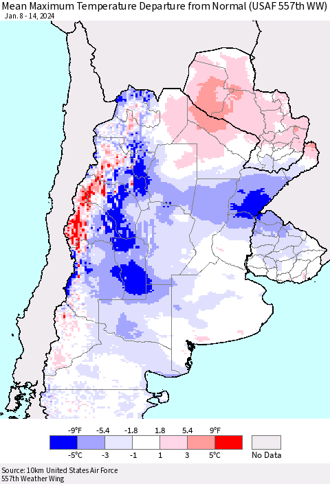Southern South America Mean Maximum Temperature Departure from Normal (USAF 557th WW) Thematic Map For 1/8/2024 - 1/14/2024