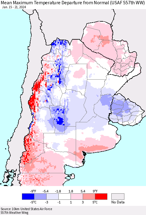 Southern South America Mean Maximum Temperature Departure from Normal (USAF 557th WW) Thematic Map For 1/15/2024 - 1/21/2024