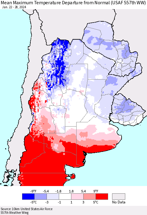 Southern South America Mean Maximum Temperature Departure from Normal (USAF 557th WW) Thematic Map For 1/22/2024 - 1/28/2024