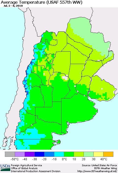 Southern South America Average Temperature (USAF 557th WW) Thematic Map For 7/2/2018 - 7/8/2018