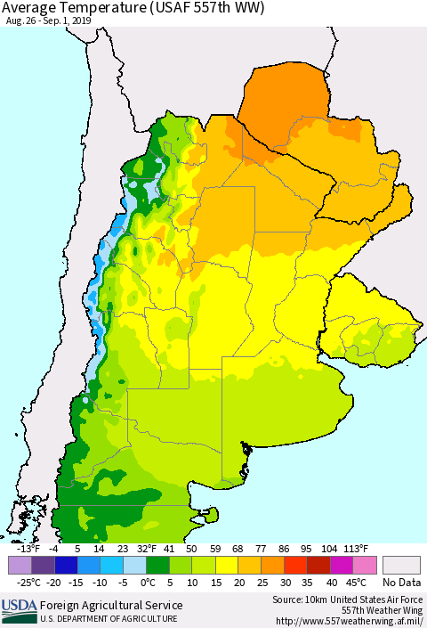 Southern South America Average Temperature (USAF 557th WW) Thematic Map For 8/26/2019 - 9/1/2019