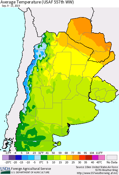 Southern South America Average Temperature (USAF 557th WW) Thematic Map For 9/9/2019 - 9/15/2019