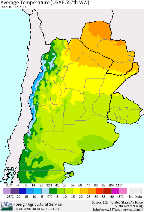 Southern South America Average Temperature (USAF 557th WW) Thematic Map For 9/16/2019 - 9/22/2019