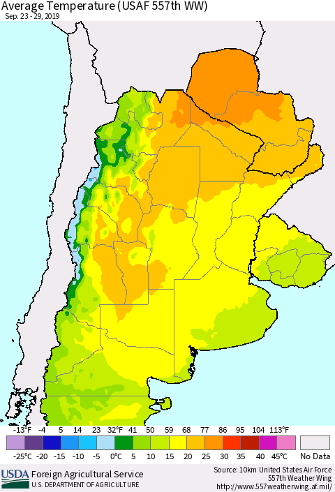 Southern South America Average Temperature (USAF 557th WW) Thematic Map For 9/23/2019 - 9/29/2019