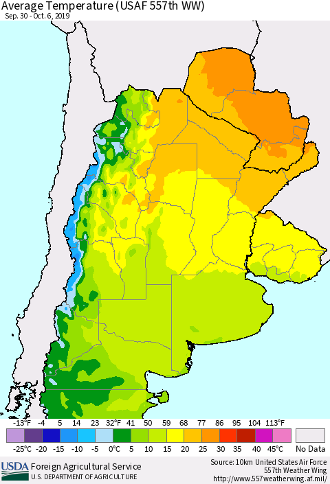 Southern South America Average Temperature (USAF 557th WW) Thematic Map For 9/30/2019 - 10/6/2019