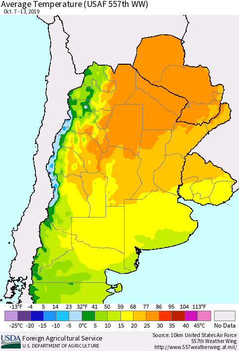 Southern South America Average Temperature (USAF 557th WW) Thematic Map For 10/7/2019 - 10/13/2019