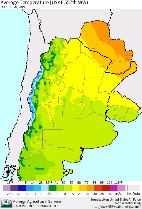 Southern South America Average Temperature (USAF 557th WW) Thematic Map For 10/14/2019 - 10/20/2019