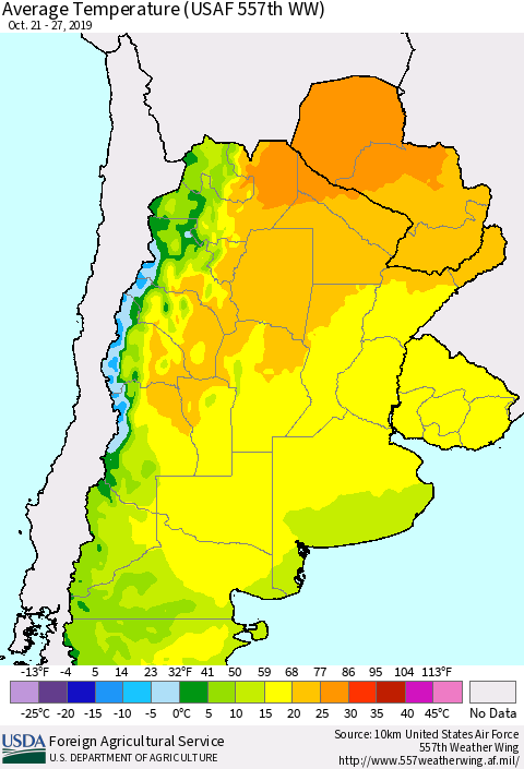 Southern South America Average Temperature (USAF 557th WW) Thematic Map For 10/21/2019 - 10/27/2019