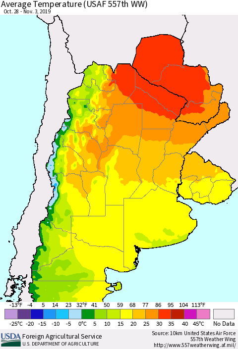Southern South America Average Temperature (USAF 557th WW) Thematic Map For 10/28/2019 - 11/3/2019