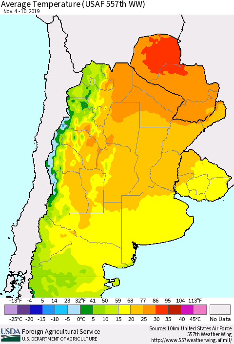Southern South America Average Temperature (USAF 557th WW) Thematic Map For 11/4/2019 - 11/10/2019