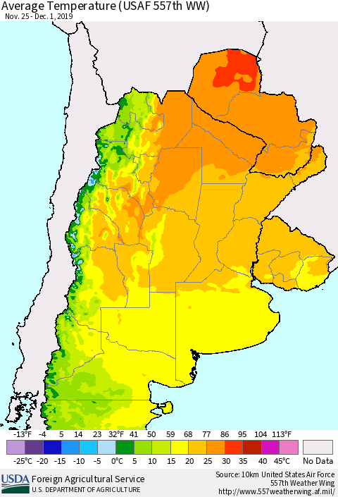 Southern South America Average Temperature (USAF 557th WW) Thematic Map For 11/25/2019 - 12/1/2019
