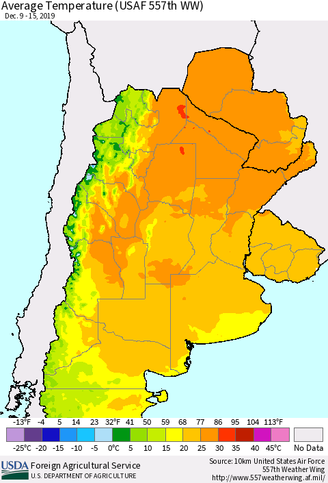 Southern South America Average Temperature (USAF 557th WW) Thematic Map For 12/9/2019 - 12/15/2019